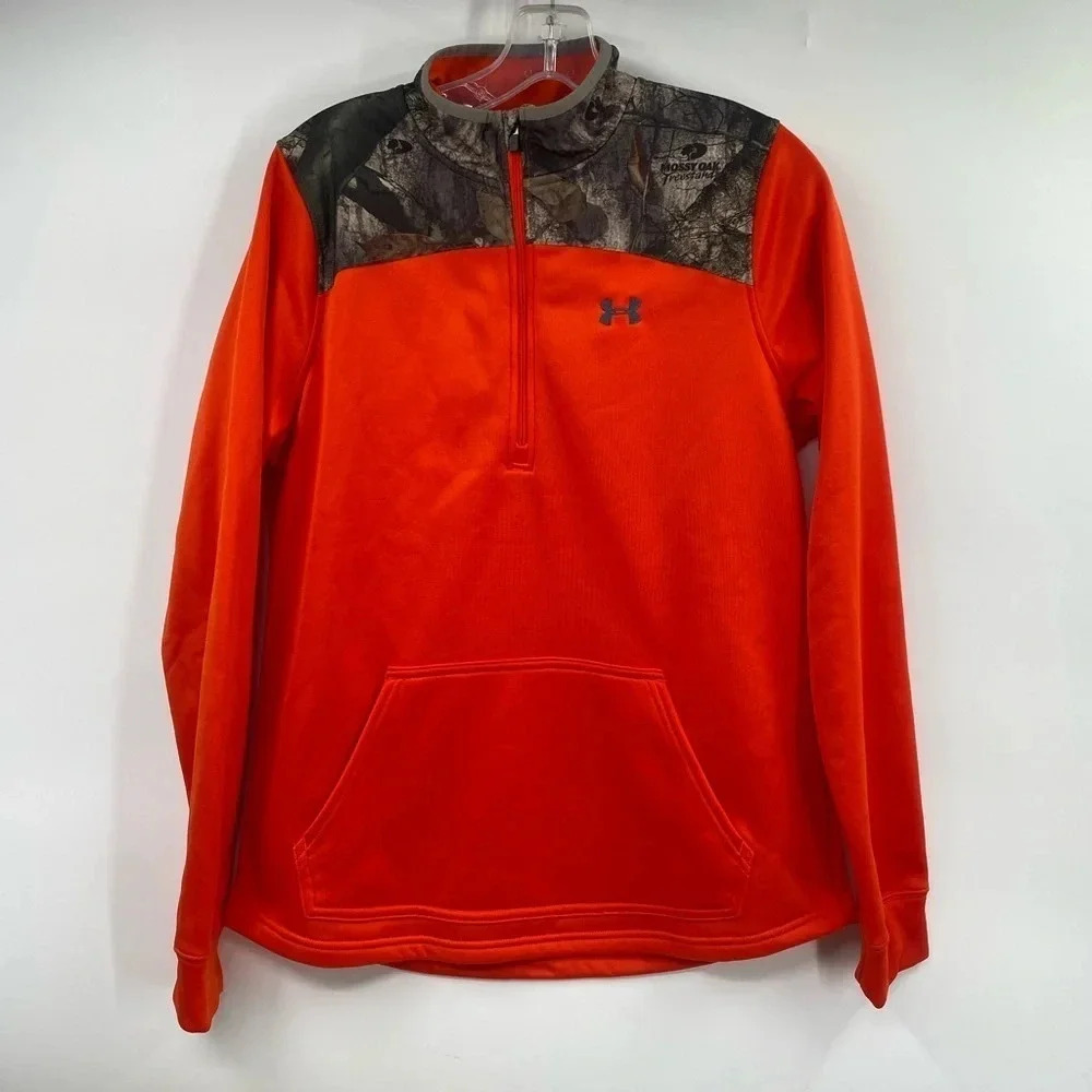 Under Armour Mossy Oak Camo Hoodie Sweatshirt 1/2 Zip Mens Sz M Orange Hunting